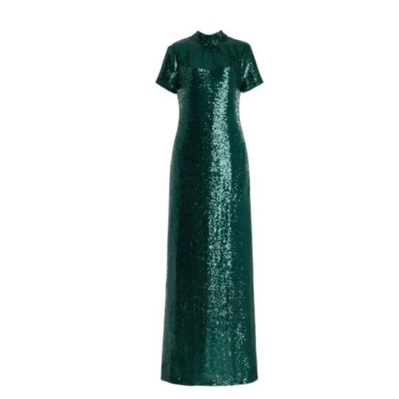 NWT STAUD Llana Sequins Maxi Dress Gown Womens XS Green Mock Neck Tie Back NEW - Picture 1 of 15